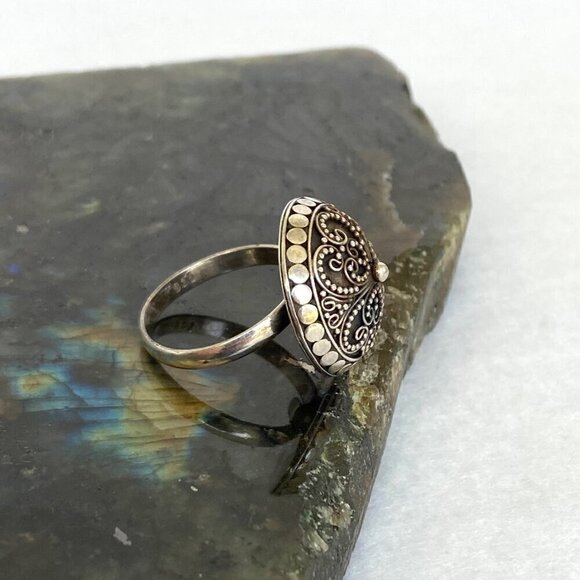 Sterling Silver 925 Round Domed Hollow Scrollwork Adjustable Ring Sz 8.25 - 9.5 - Picture 15 of 16